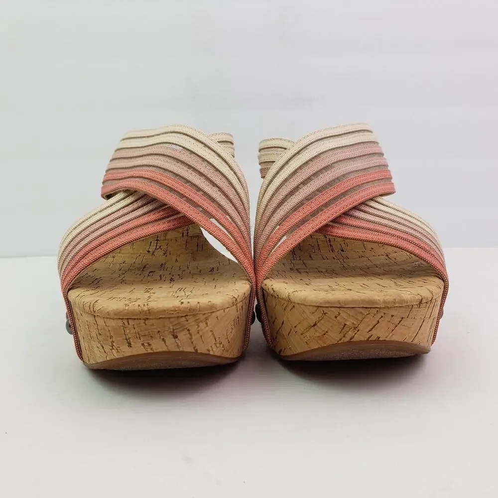 Lucky Brand Mykayla Womens Size 9.5 Pink White Cork Slide Wedge Sandals